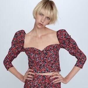 ZARA rose floral smocked crop top sweetheart bustier puff sleeves bodice Sz S